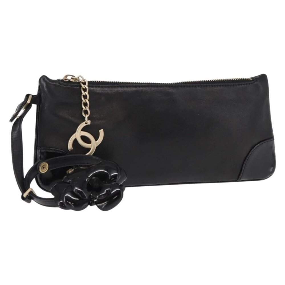 CHANEL Camelia Clutch Bag Lamb Skin Black Silver CC Auth BA9202V